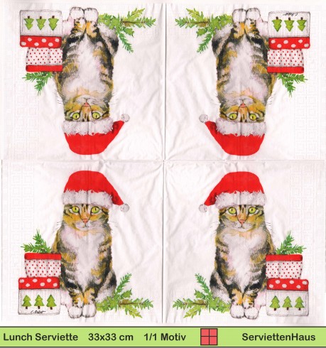 Katze mit Nikolausmütze neben Geschenken - 1 Lunch Serviette