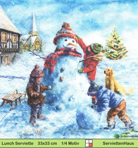 Kinder bauen einen Schneemann am Rande der Stadt - 1 Lunch Serviette