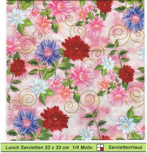 AHA - Kleine Blüten auf rosa mit Goldranken - 1 Lunch Serviette