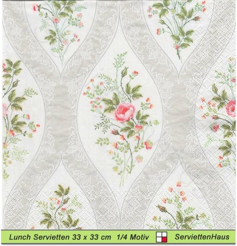 Kleine Rosen und Ornamente in Rautenform - 1 Lunch Serviette - ganzes Motiv