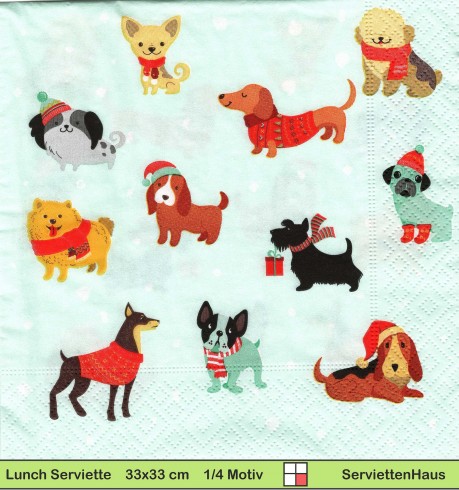 Kleine Hunde mit Schal Mützen und Geschenken - 1 Lunch Serviette