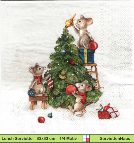 Mäuse schmücken einen Tannenbaum - 1 Lunch Serviette