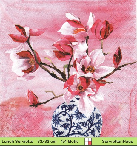 Rosa Magnolien in blauer Vase - 1 Lunch Serviette