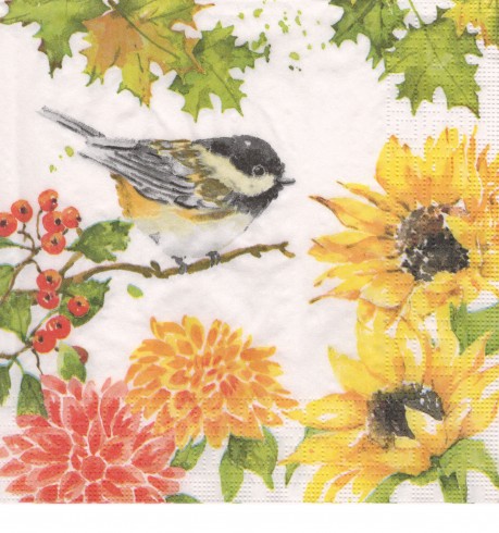 Kleine Meise zwischen Sonnenblumen und Dahlien - 1 Lunch Serviette