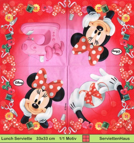 Disney Minnie Mouse mit Nähutensilien - 1 Lunch Serviette - Vier verschiedene 1/4 Motive