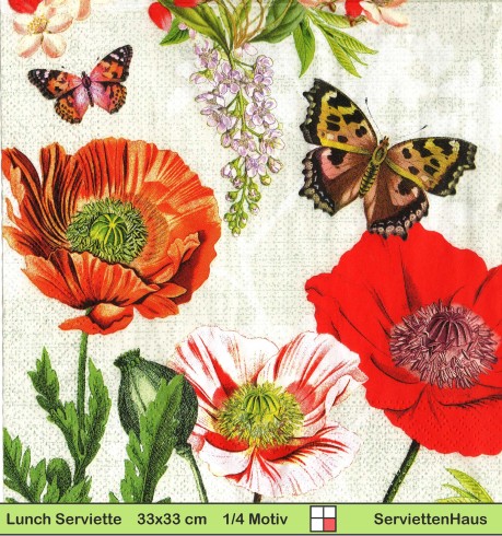 Mohn und Schmetterlinge - 1 Lunch Serviette - halbes Motiv