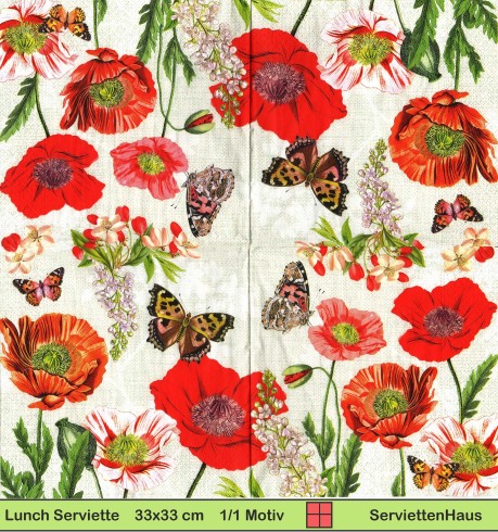 Mohn und Schmetterlinge - 1 Lunch Serviette - halbes Motiv