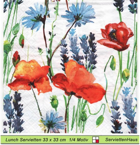 Mohnblumen Kornblumen und Lavendel in der Wiese - 1 Lunch Serviette