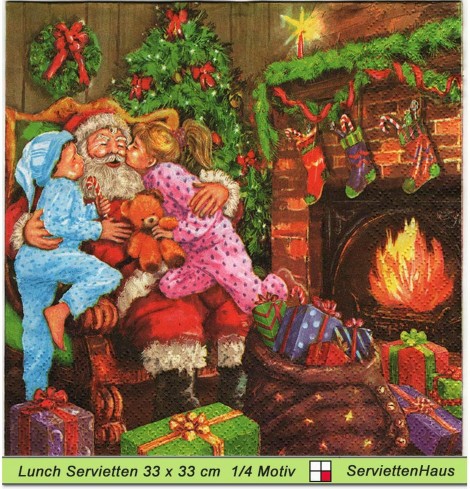 Nikolaus mit Junge und Mädchen am Kamin - 1 Lunch Serviette