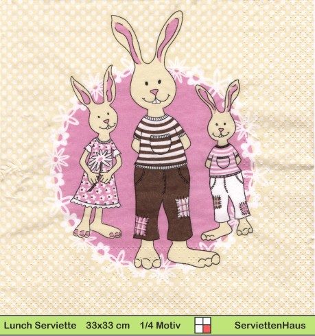 Drei Hasen in Kleider in beige rosa - 1 Lunch Serviette
