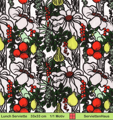 Marimekko - Schwarz gezeichnete Blumen - 1 Lunch Serviette - halbes Motiv