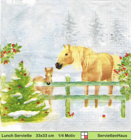 Pferd mit Fohlen auf der Weide im Schnee - 1 Lunch Serviette
