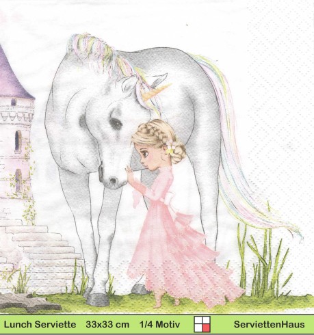 Prinzessin mit Kutsche und Einhorn vor Schloss - 1 Lunch Serviette