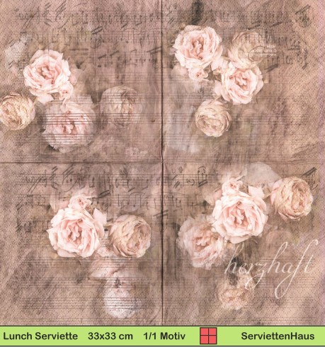 Nostalgie - Rosen mit Noten und Text Herzhaft - 1 Lunch Serviette - Halbes Motiv