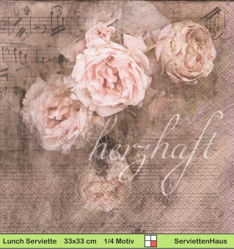 Nostalgie - Rosen mit Noten und Text Herzhaft - 1 Lunch Serviette - Halbes Motiv
