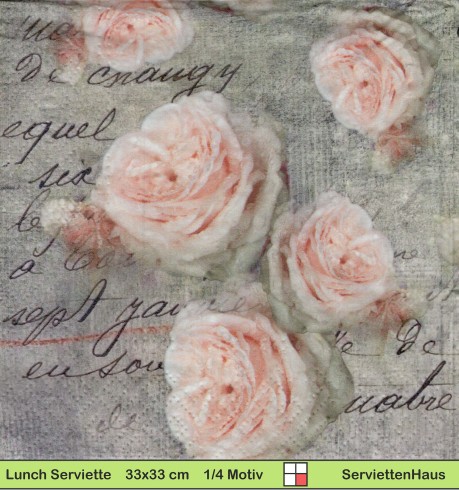 Nostalgie - Rosen mit Blätter auf Schrift - 1 Lunch Serviette - Halbes Motiv