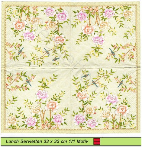 Rosen und Vögel auf beige - 1 Lunch Serviette - halbes Motiv