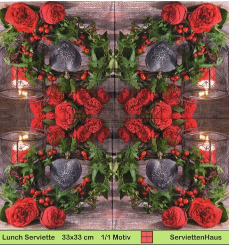 Rosen mit Metallherz und Windlicht - 1 Lunch Serviette