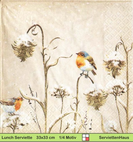 Rotkehlchen im Schnee auf verblühten Blumen - 1 Lunch Serviette - halbes Motiv