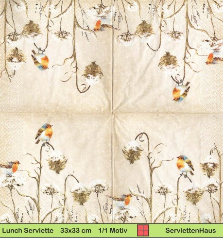 Rotkehlchen im Schnee auf verblühten Blumen - 1 Lunch Serviette - halbes Motiv