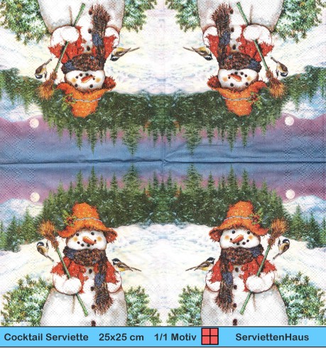 Schneemann mit Vögel am Waldrand - 1 Cocktail Serviette