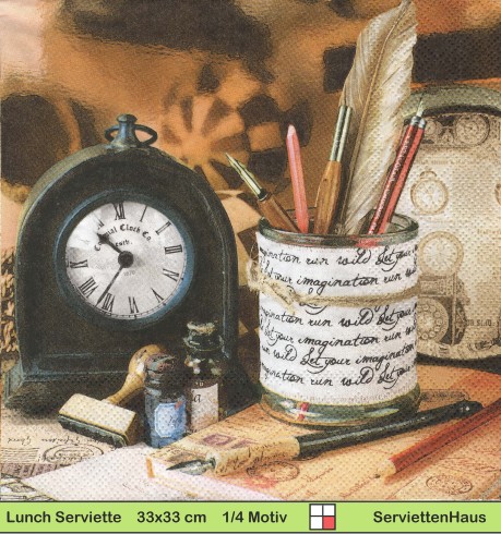 Schreibtisch mit Uhr und Stiften - 1 Lunch Serviette