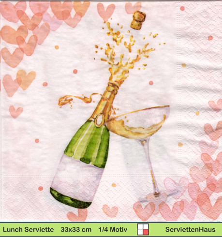 Sektflasche mit kleinen Herzen - 1 Lunch Serviette