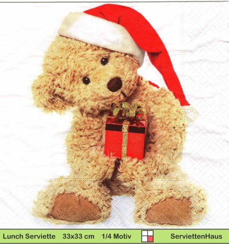 Teddy mit Nikolausmütze und Geschenk - 1 Lunch Serviette