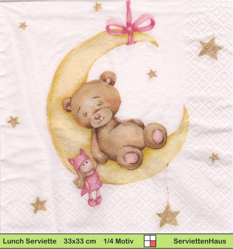 Teddybär schläft auf dem Mond mit rosa Puppe - 1 Lunch Serviette