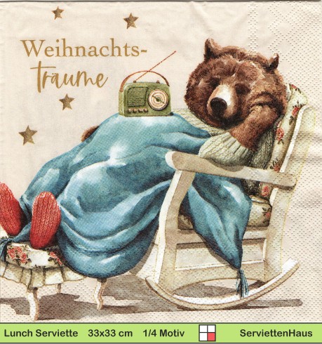 Bär mit Weihnachtsträumen im Stuhl auf beige - 1 Lunch Serviette