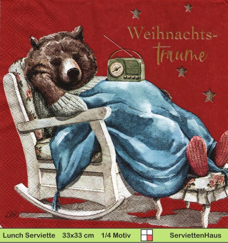 Bär mit Weihnachtsträumen im Stuhl auf rot - 1 Lunch Serviette