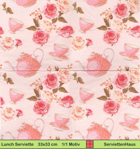 Teetassen und Teekannen mit Rosen auf rosa - 1 Lunch Serviette