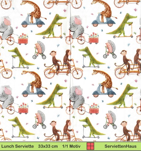 Krokodil Giraffe Elefant Igel Affen auf dem Fahrrad - 1 Lunch Serviette