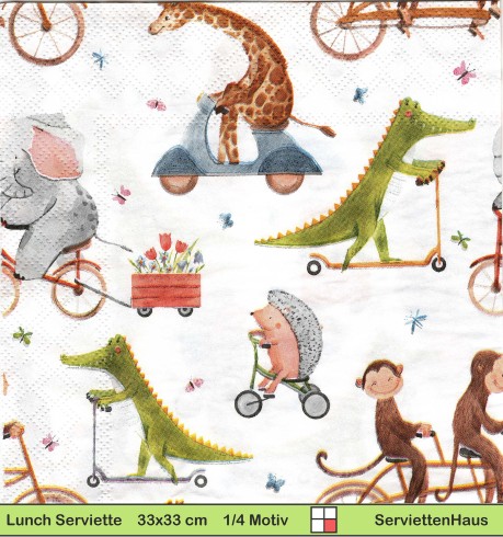Krokodil Giraffe Elefant Igel Affen auf dem Fahrrad - 1 Lunch Serviette
