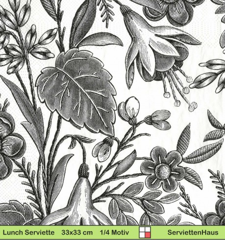 Gezeichente schwarze Blumen - 1 Lunch Serviette - ganzes Motiv