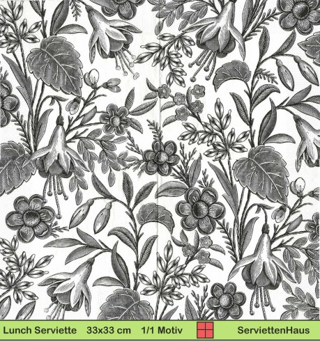 Gezeichente schwarze Blumen - 1 Lunch Serviette - ganzes Motiv