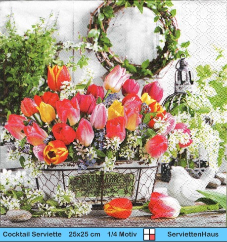 Tulpen in Schale mit Porzellanvogel - 1 Cocktail Serviette