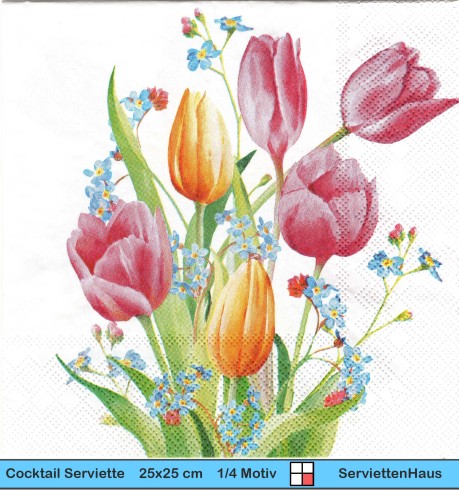 Tulpen mit Vergißmeinnicht - 1 Cocktail Serviette