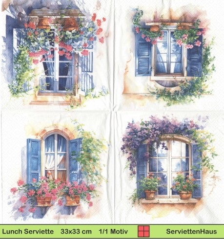 Vier verschiedene Fenster mit Blumen - 1 Lunch Serviette
