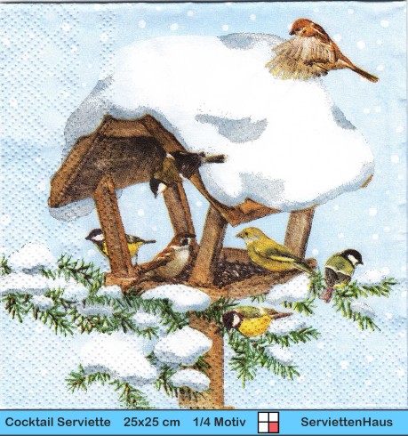 Daniela Drescher - Vögel im Winter im Vogelhaus - 1 Cocktail Serviette