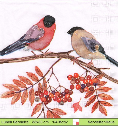 Zwei Vögel auf einem Ast mit Beeren - 1 Lunch Serviette