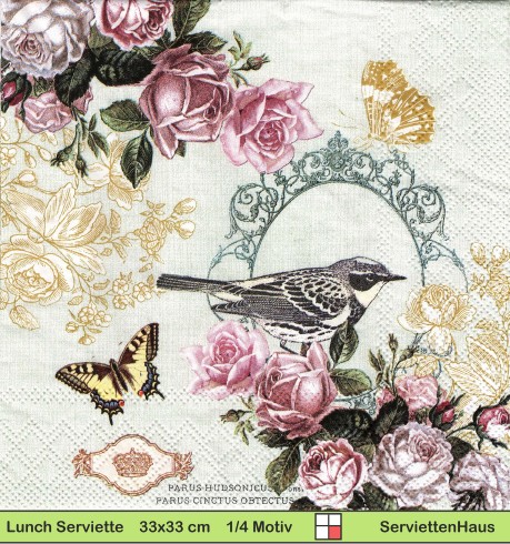 Vogel mit Rosen und Schmetterling - 1 Lunch Serviette