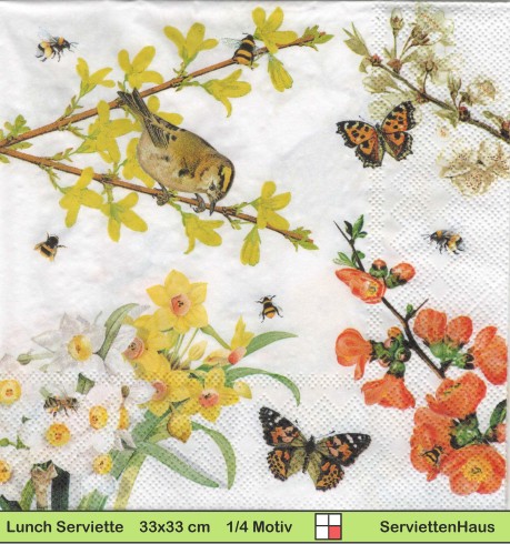 Vogel auf Forsythien mit Hummel und Schmetterling - 1 Lunch Serviette