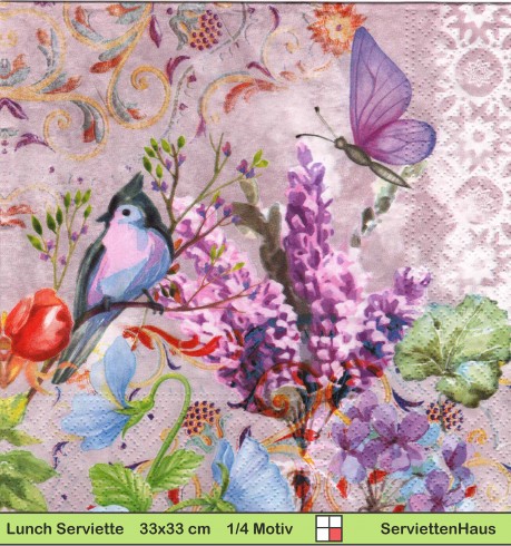 Schmetterling und Vogel auf lila Grund und Blumen - 1 Lunch Serviette