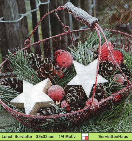 Metallkorb mit weihnachtlicher Deko im Garten - 1 Lunch Serviette