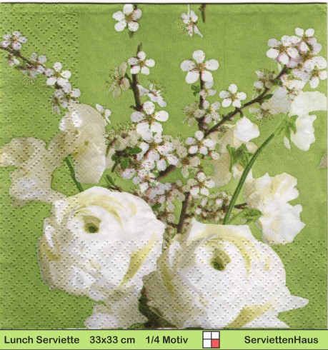 Weiße Rosen und Apfelblüten auf grün - 1 Lunch Serviette