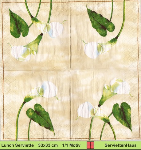 Weiße Lilien auf beige - 1 Lunch Serviette - Zwei verschiedene 1/4 Motive