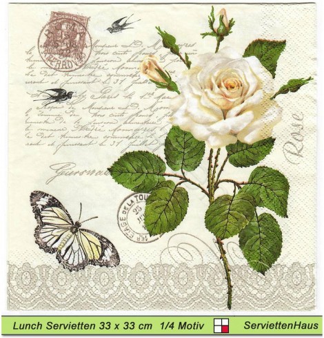 Weiße Rose mit Schmetterling auf Schrift - 1 Lunch Serviette