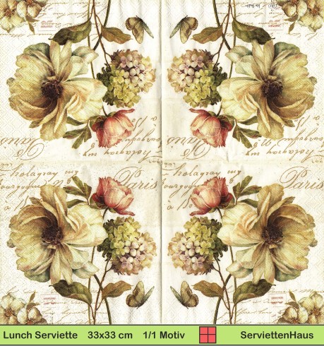 Hortensie Rose und Mohn auf Schrift - 1 Lunch Serviette