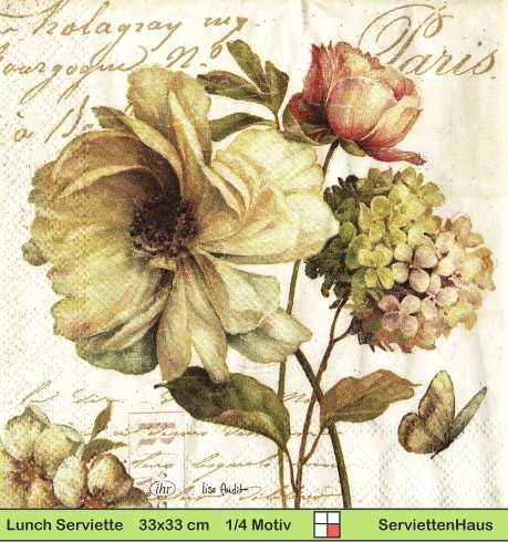 Hortensie Rose und Mohn auf Schrift - 1 Lunch Serviette